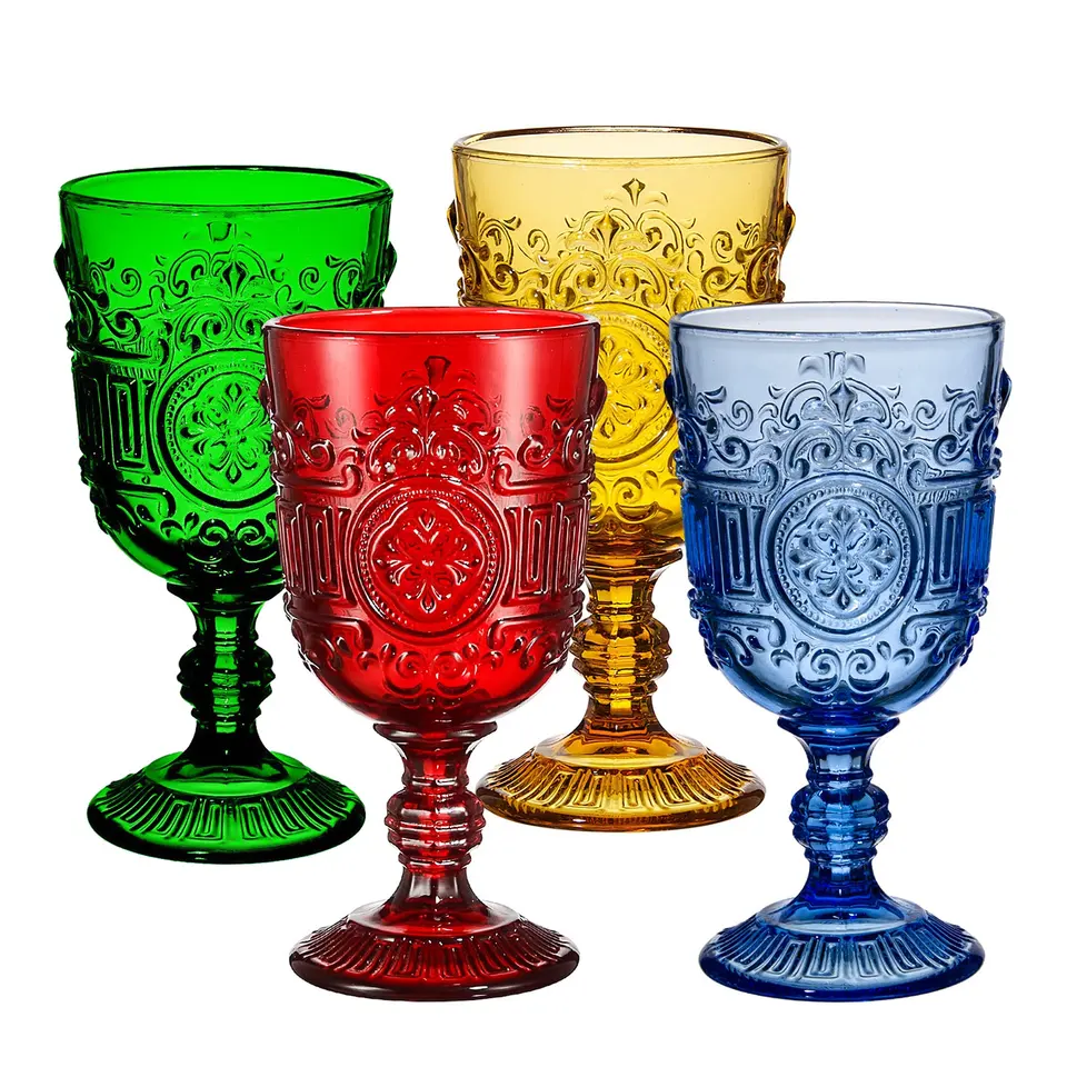 customize Drinking Glassware Wedding Vintage Embossed wine glass,blue Colored Wine Goblet Glasses set