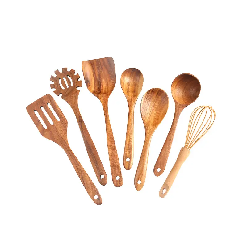 Wholesale teak wood 7pcs utensils cooking set wooden utensils set for kitchen