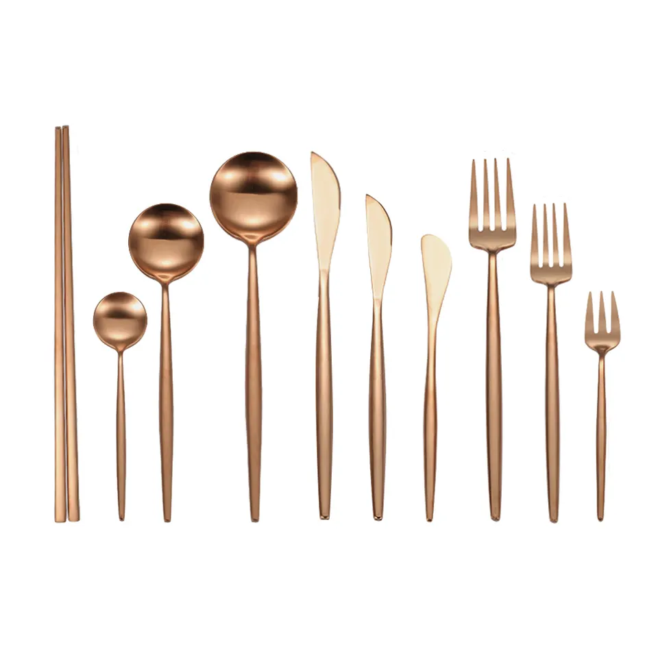 High Quality Thick Round Handle Rose Gold Matte Silverware Bulk Cutlery Set Stainless Steel Spoon Knife and Fork