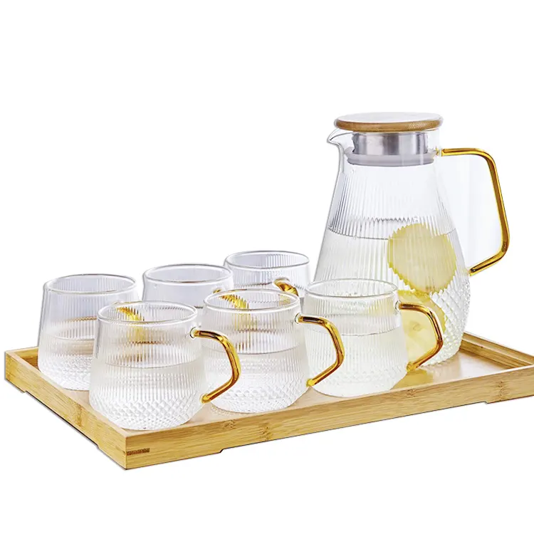 Heat-resisting Clear Ribbed Borosilicate Glass Pitcher Water Jug Set with Lid