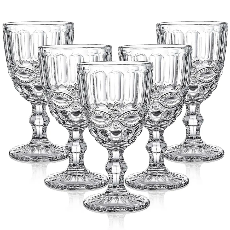 Vintage Thickened Drinking Glass Cups Roman Column Wine Glasses Clear Embossed Tiki Goblets