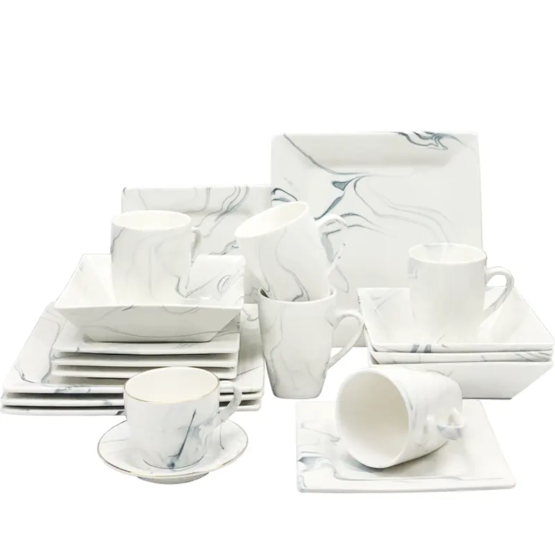 Marble 16pcs Ceramic Dinner Sets Luxury Dinnerware Prices Stoneware Square Shape Plates Kitchen Crockery Dishes
