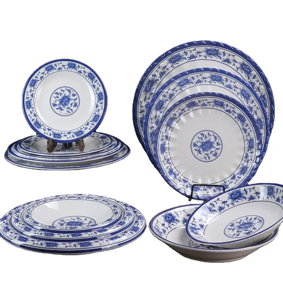 White/Blue Asian Chinese melamine dinnerware with Plate and Bowl