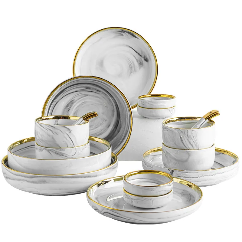 2 4 6 8 people set royal luxury wedding gift gold rim plated ceramic porcelain dinnerware plates set grey marble grey dinner set