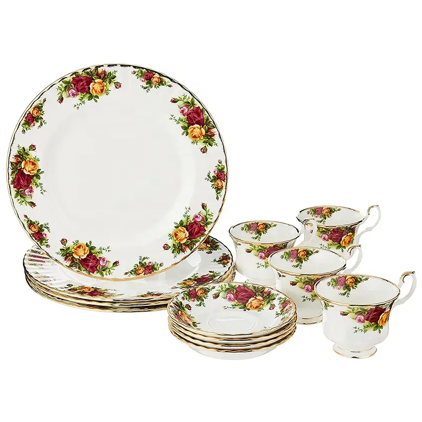 Gold rose bone porcelain tableware set flower light luxury ceramic dinnerware wholesale