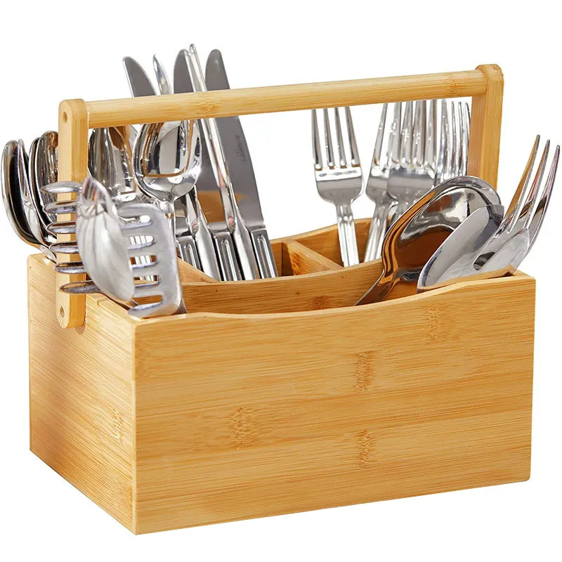 Custom Acacia Wooden Bamboo Utensil Silverware Holder Storage Organizer With Handle for Kitchen Office