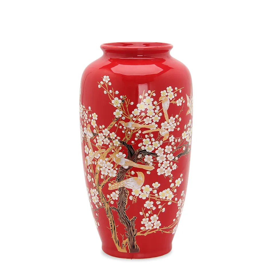 V118R Bird painting vase home decor porcelain red vase decoration 14.5 inch ceramic vases