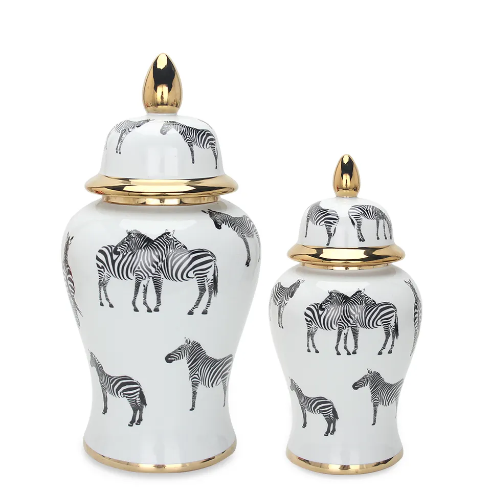 J017 Elegant ceramic zebra ginger jar sets porcelain white and gold jar with lid home decor
