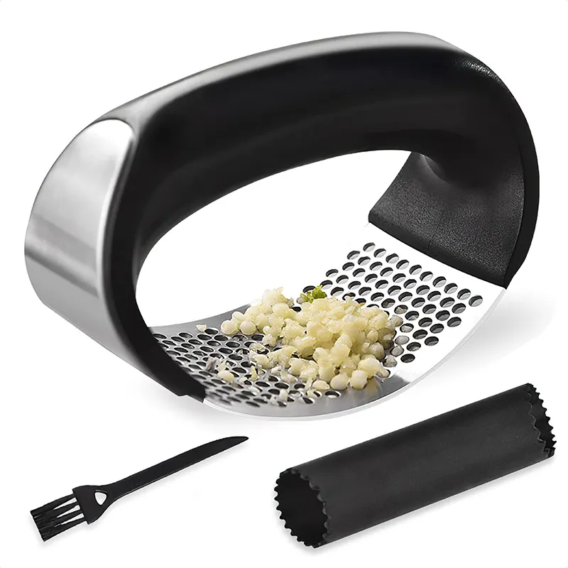stainless steel manual premium garlic mincer grinder crusher Press with Peeling sleeve and brush
