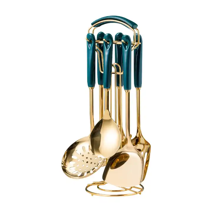 Kitchen Cooking Tools Ceramic Handle Stainless Steel Gold Utensil Special Set With Storage Holder