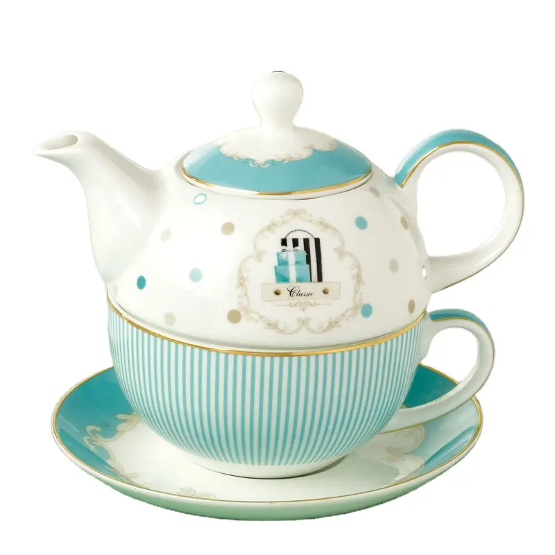 Custom Ceramic Tea for One Set Bone China Teapot with Decal Gold Rim