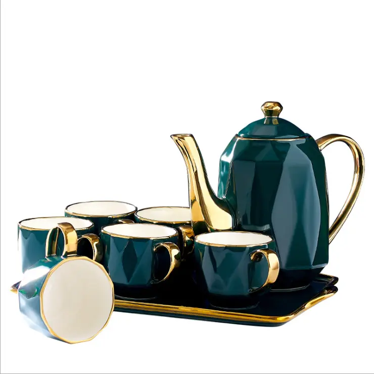 SU68 Gold Plated Teapot Set Ceramic Coffee Cup and Saucer Set for Afternoon Tea
